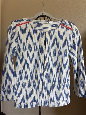 New Fransa Denmark 100% Cotton Blue White Print Lightweight Jacket Pockets Sz 36